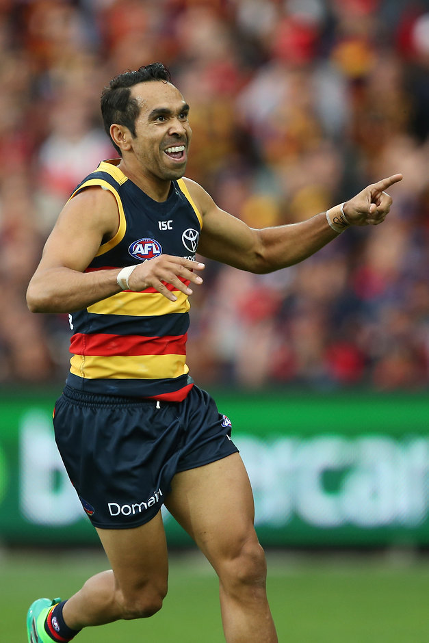 AFL 2017 Round 06 - Adelaide v Richmond ADELAIDE, AUSTRALIA - APRIL 30: Eddie Betts of the Crows celebrates a goal during the 2017 AFL round 06 match between the Adelaide Crows and the Richmond Tigers at Adelaide Oval on April 30, 2017 in Adelaide, Australia. (Photo by James Elsby/AFL Media)
